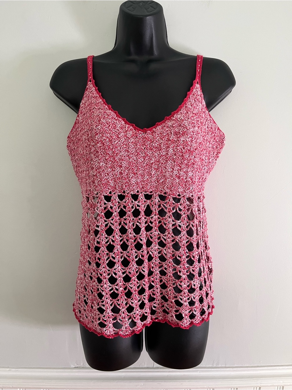 Handmade Boho Marled Red and White Crocheted Cami, Size Small